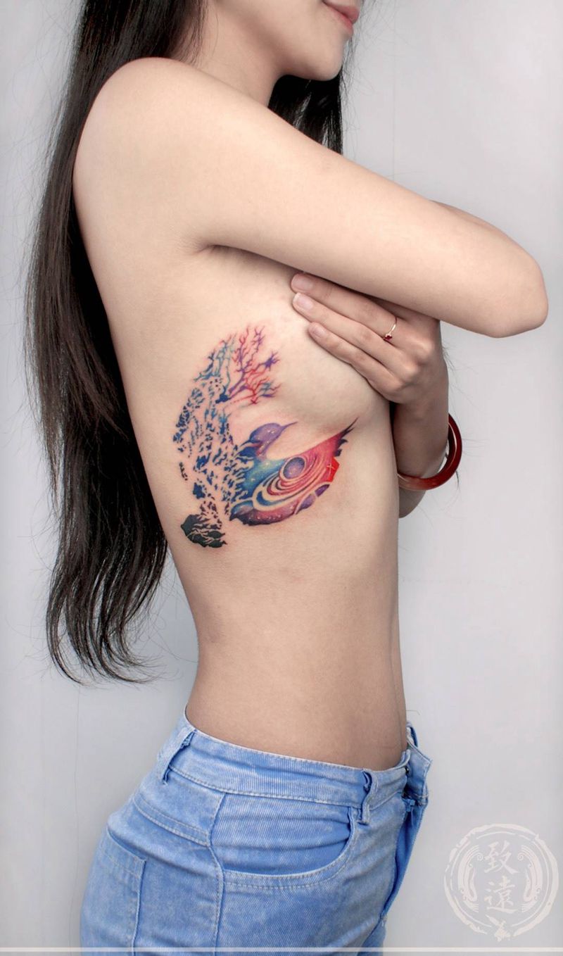 星空纹身图片_成品胸部清新动物原创纹身图案