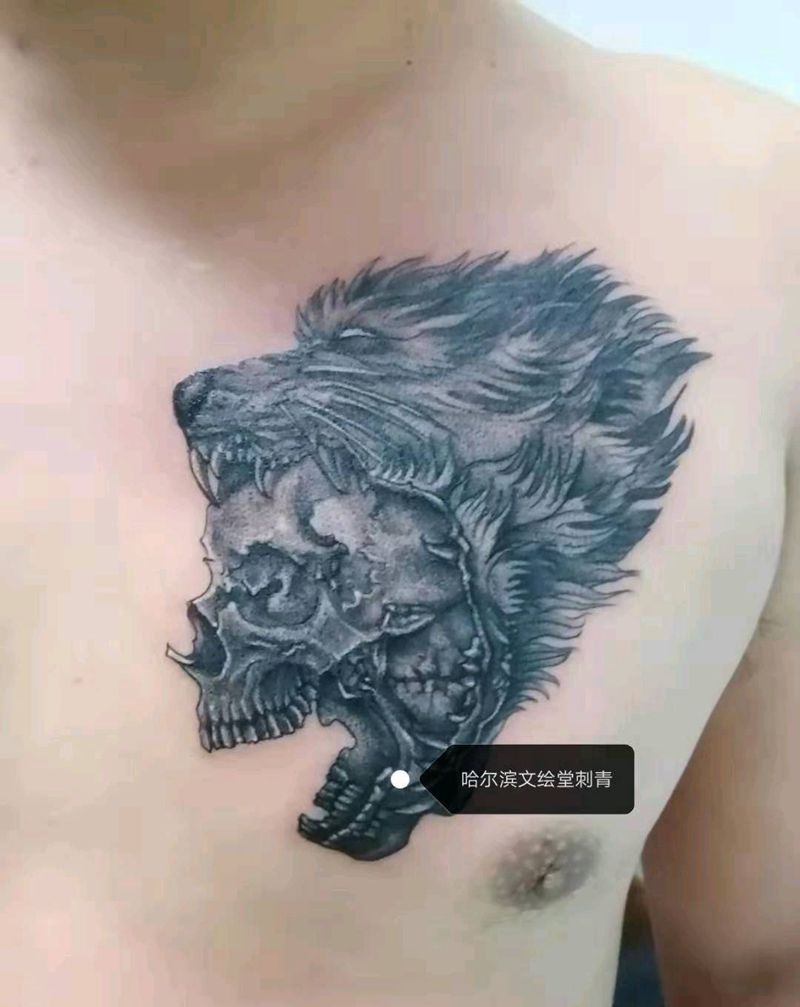 狼与骷髅纹身图片_胸部纹身图案