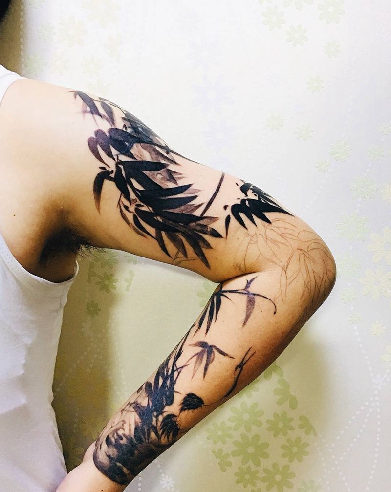 写意竹子 遮盖进度纹身图片_手臂水墨竹子写意纹身图案