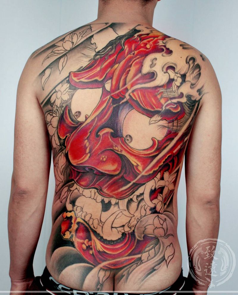 未完成作品满背般若纹身图片_成品背部传统动物鬼神原创纹身图案