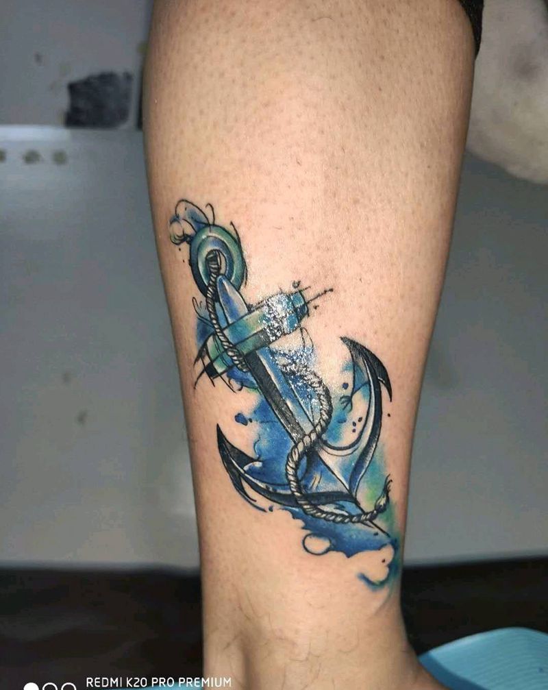 船锚纹身图片_水彩水墨“船锚”纹身图案