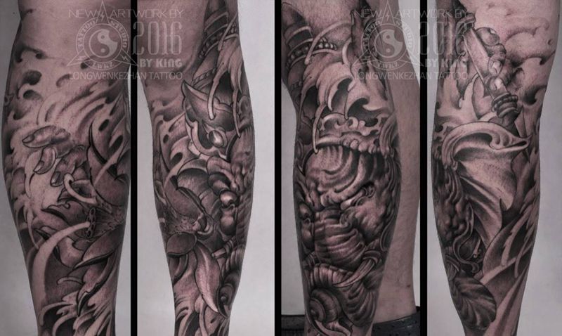 龙纹刻战刺青出品纹身图片_成品腿部传统纹身图案