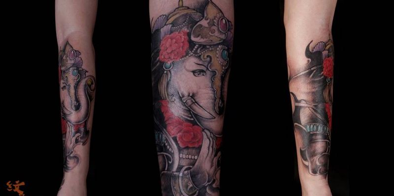 象神纹身图片_成品手臂传统动物纹身图案