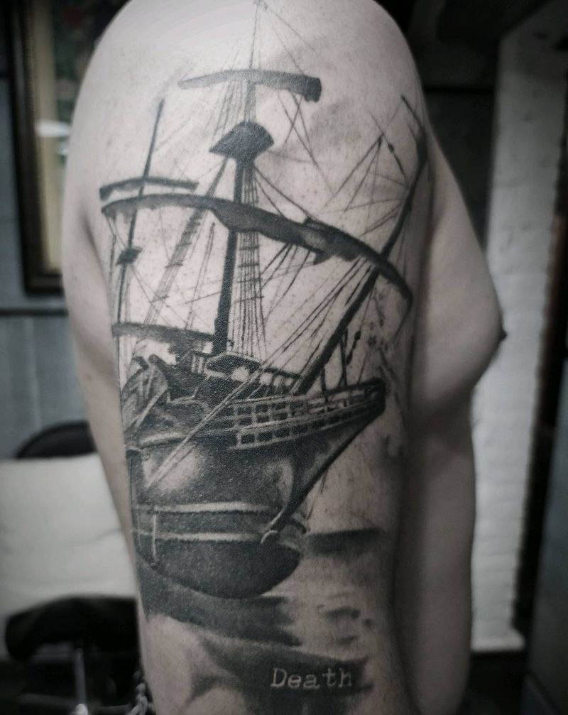 欧美花臂纹身图片_手臂欧美写实帆船波塞冬纹身图案