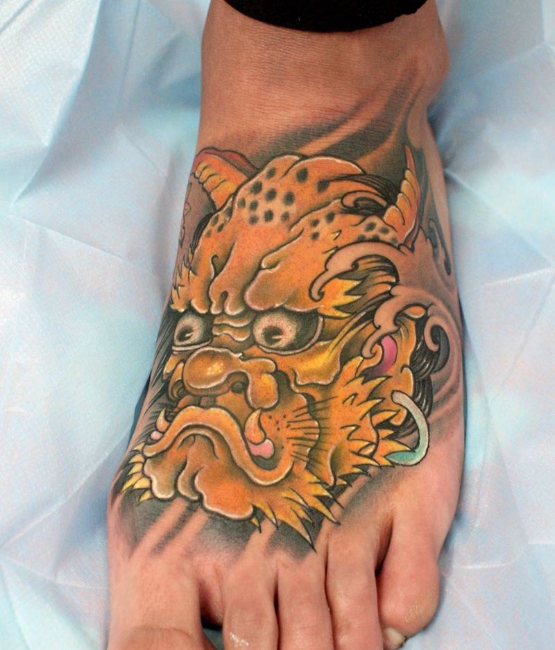 致远刺青作品纹身图片_成品脚部原创鬼神动物传统纹身图案