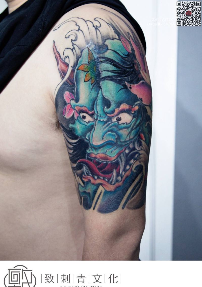 般若遮盖纹身图片_成品手臂肩部传统鬼神原创纹身图案