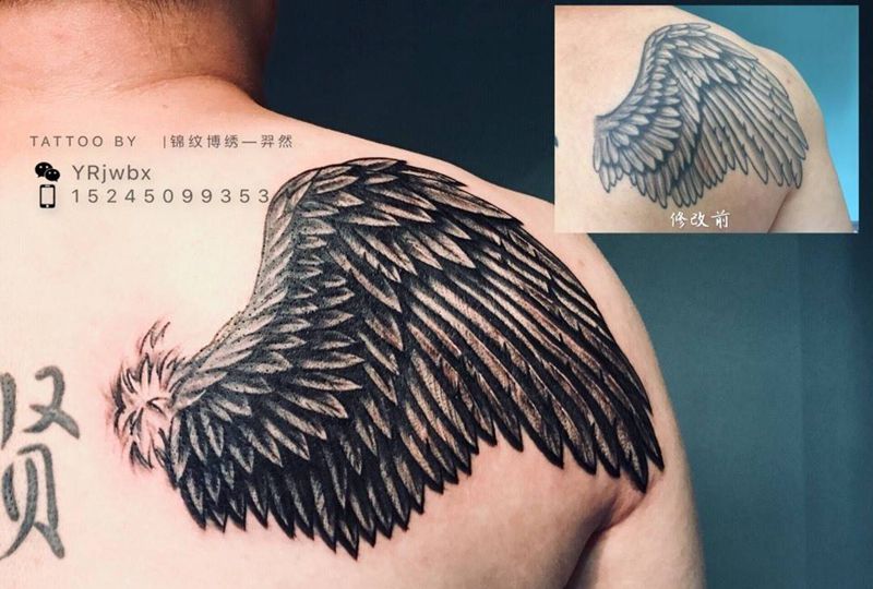 翅膀修改纹身图片_背部几何欧美写实翅膀羽毛修改遮盖纹身图案