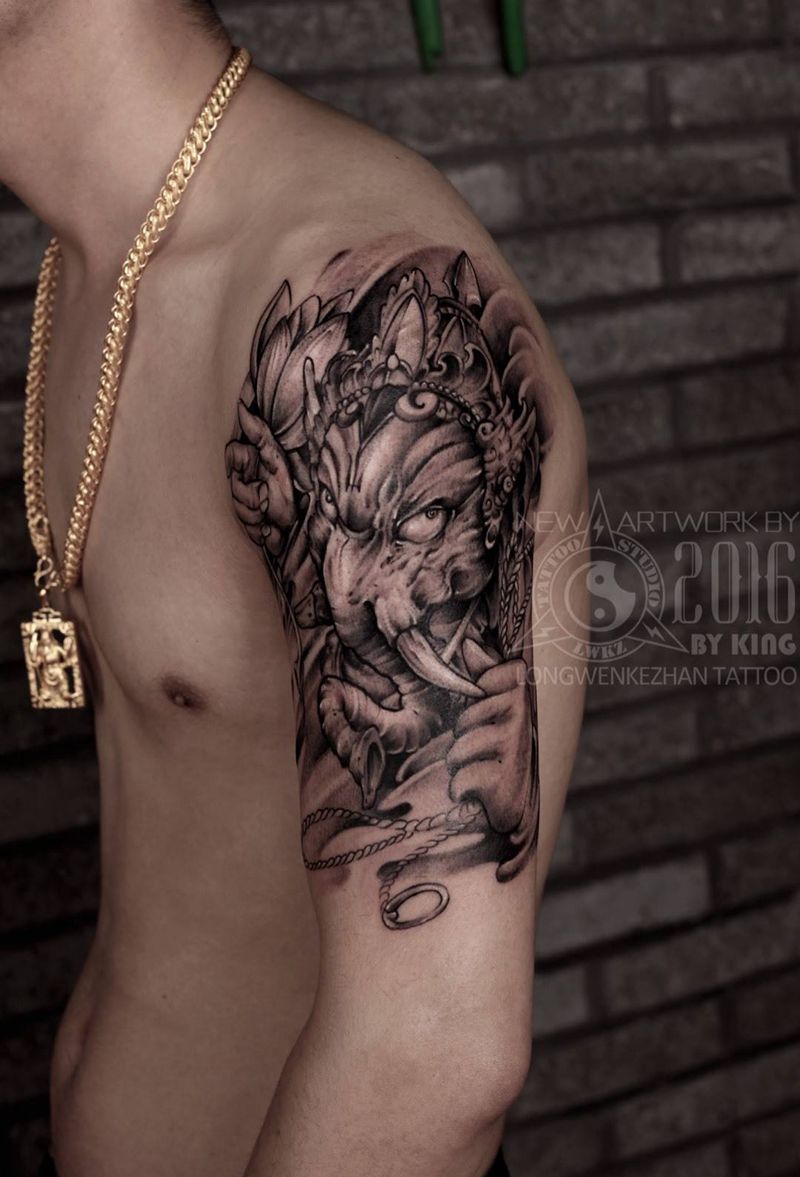 龙纹刻战刺青工作室出品纹身图片_成品手臂传统鬼神纹身图案