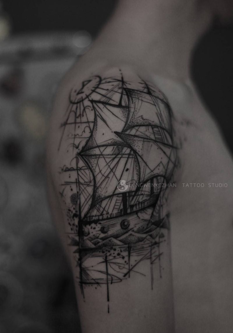 龙纹刻战刺青出品纹身图片_成品肩部欧美几何纹身图案