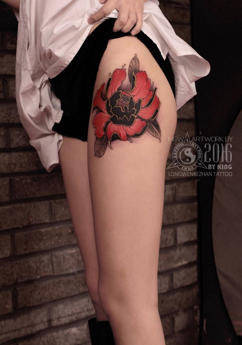 龙纹刻战刺青工作室出品纹身图片_成品腿部传统植物原创纹身图案