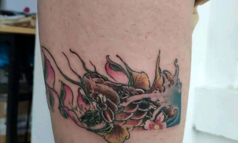 招财鲤鱼纹身图片_腿部新传统“鱼”“新传统”纹身图案