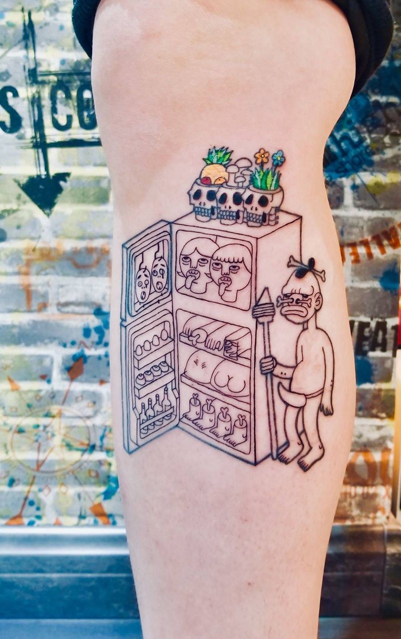 newschool冰箱纹身图片_腿部New School冰箱趣味纹身图案