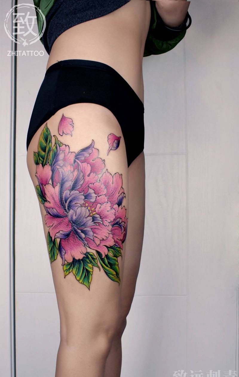 牡丹花纹身图片_成品臀部腿部传统植物原创静物纹身图案