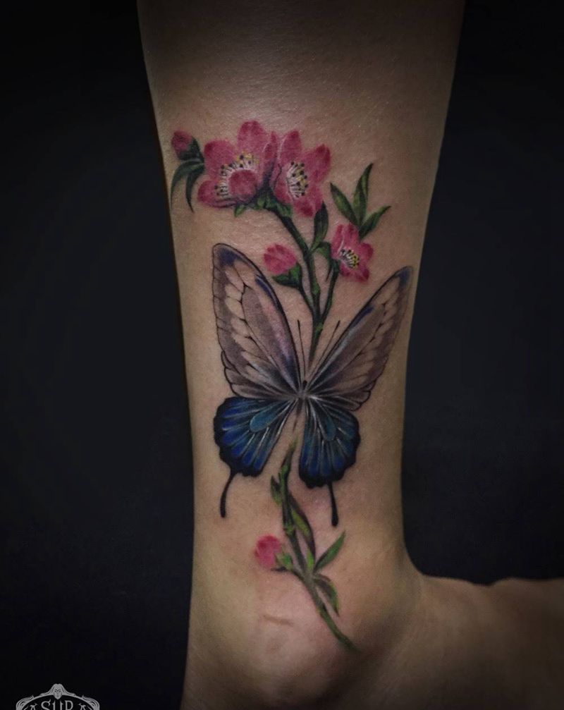 蝶恋花纹身图片_成品脚部腿部欧美传统清新写实植物动物原创纹身图案