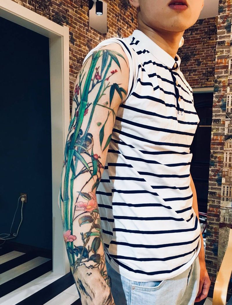 写意纹身纹身图片_成品原创植物动物清新国画手臂肩部纹身图案
