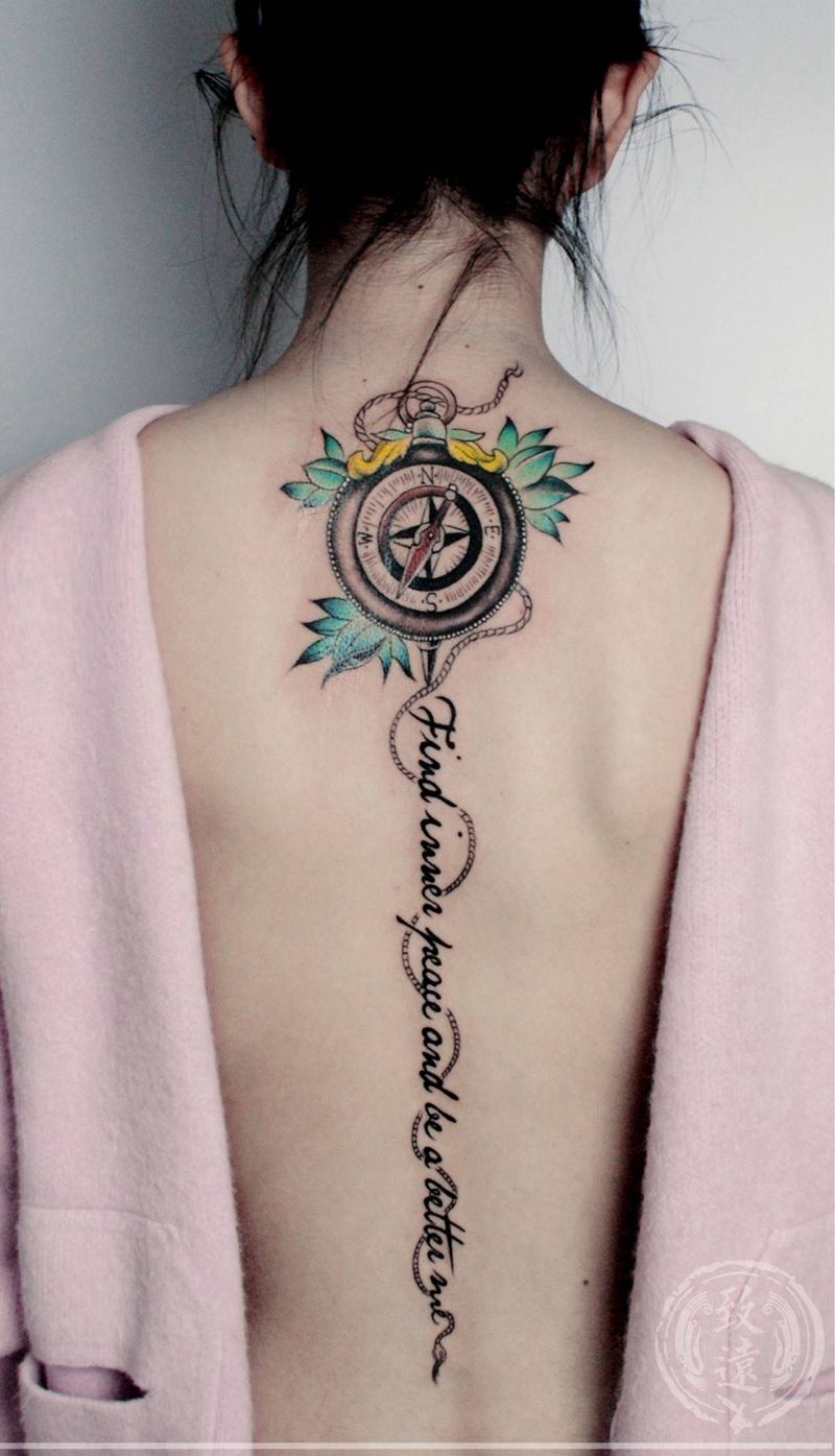 指南针纹身图片_成品肩部背部清新字符静物原创纹身图案