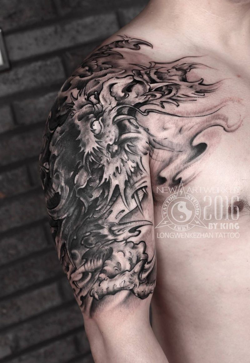 龙纹刻战刺青工作室出品纹身图片_成品手臂传统原创鬼神纹身图案