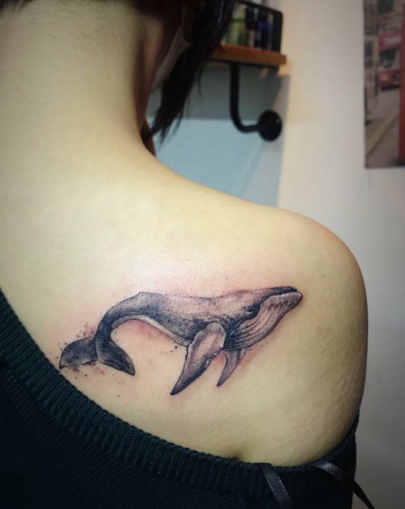 鲸鱼纹身图片_肩部清新动物插画纹身图案