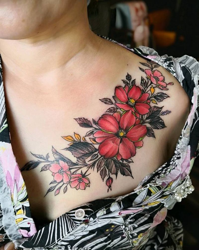 素花纹身图片_胸部新传统纹身图案