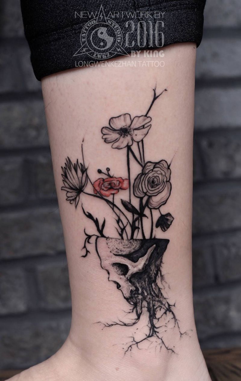 龙纹刻战刺青工作室出品纹身图片_成品腿部原创人物植物欧美纹身图案