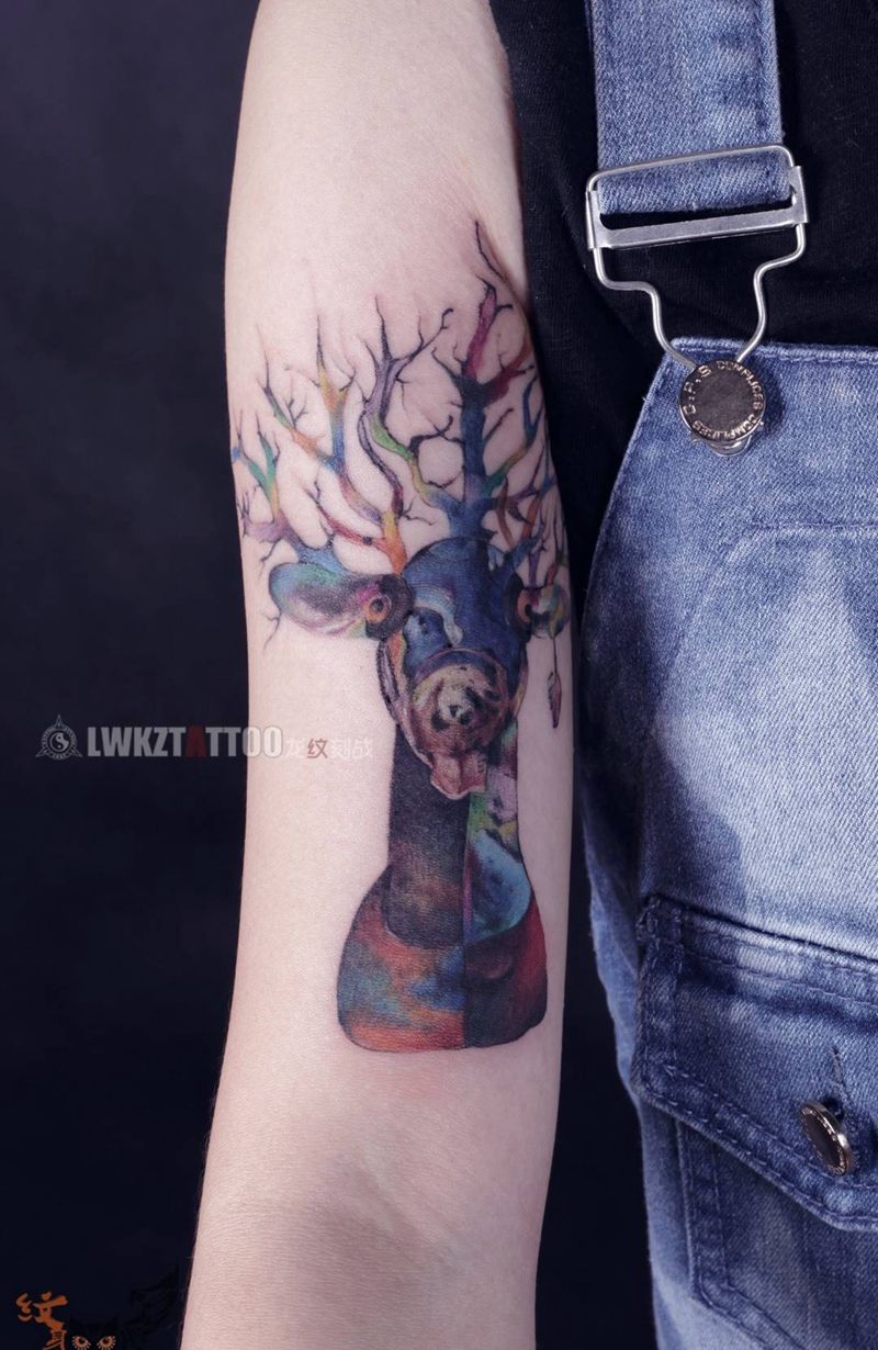 鹿头纹身图片_成品手臂清新动物纹身图案