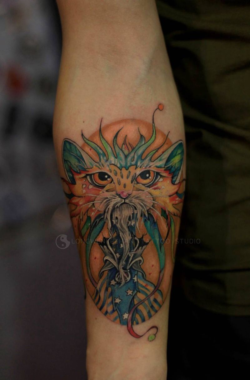 彩色的猫咪纹身图片_成品手臂原创纹身图案