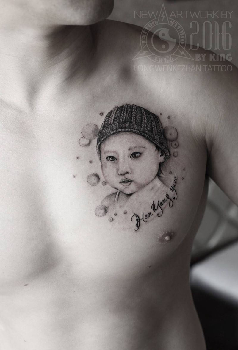 龙纹刻战刺青工作室出品纹身图片_成品胸部肖像原创人物纹身图案