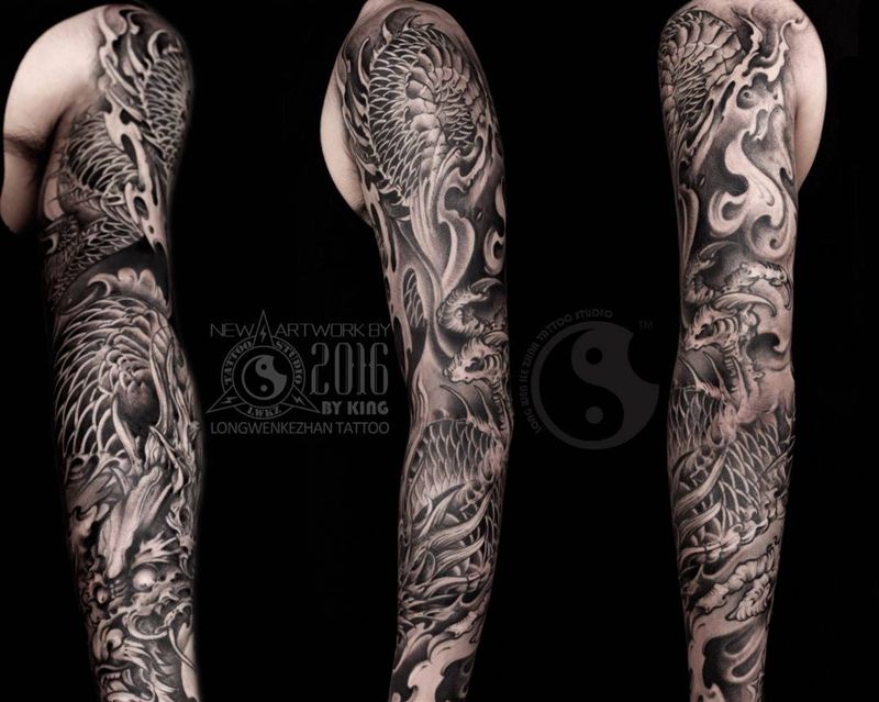 龙纹刻战刺青工作室出品纹身图片_成品手臂传统鬼神原创纹身图案