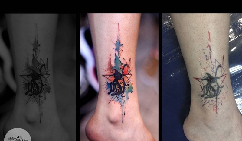 彩色水墨纹身图片_国画几何原创腿部纹身图案