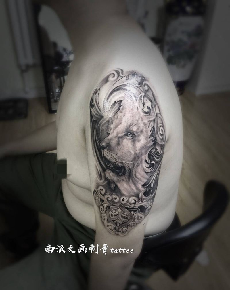雄狮纹身图片_成品手臂欧美动物原创纹身图案