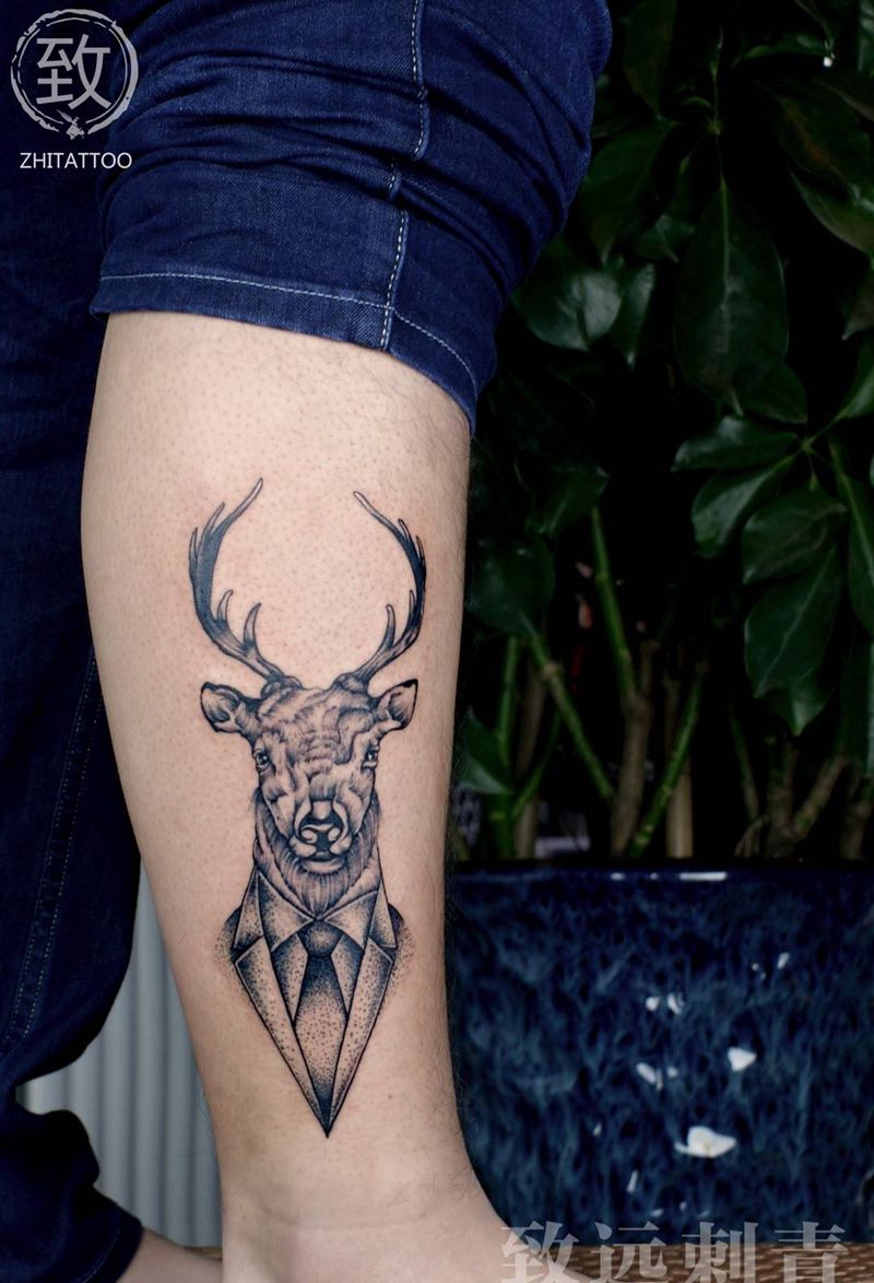 鹿纹身图片_成品脚部腿部传统清新动物原创纹身图案