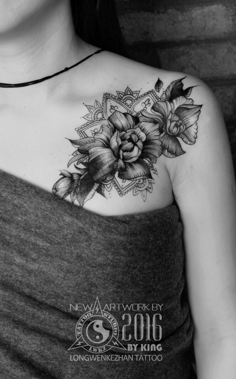 龙纹刻战刺青工作室出品纹身图片_成品肩部欧美植物原创纹身图案