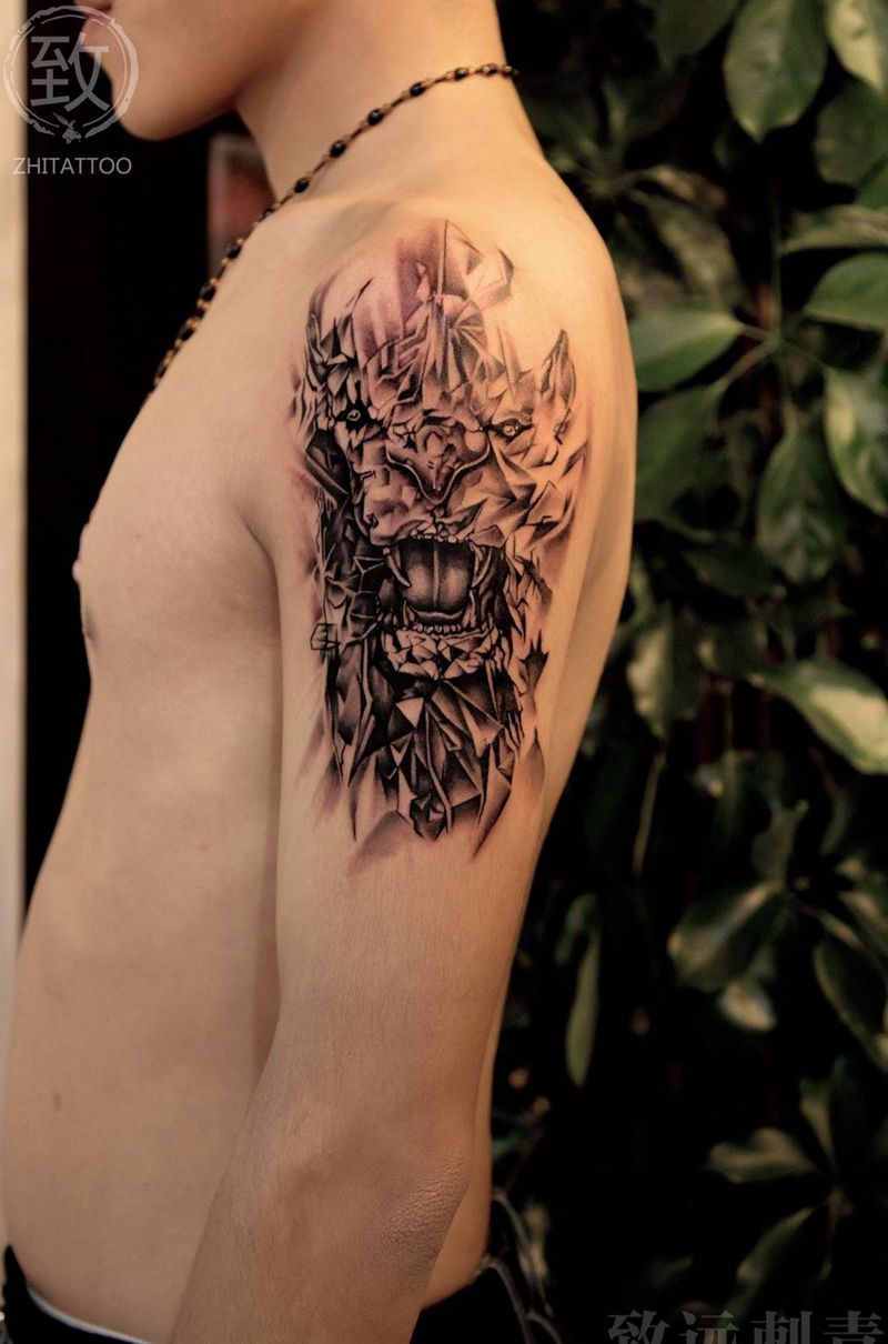 致远刺青作品纹身图片_成品手臂肩部传统清新写实动物静物原创几何纹身图案