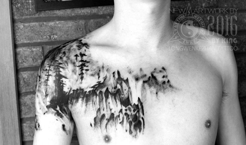 龙纹刻战刺青工作室出品纹身图片_成品肩部胸部原创植物国画纹身图案