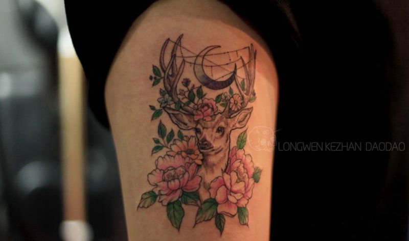 作品小鹿纹身图片_成品腿部清新纹身图案