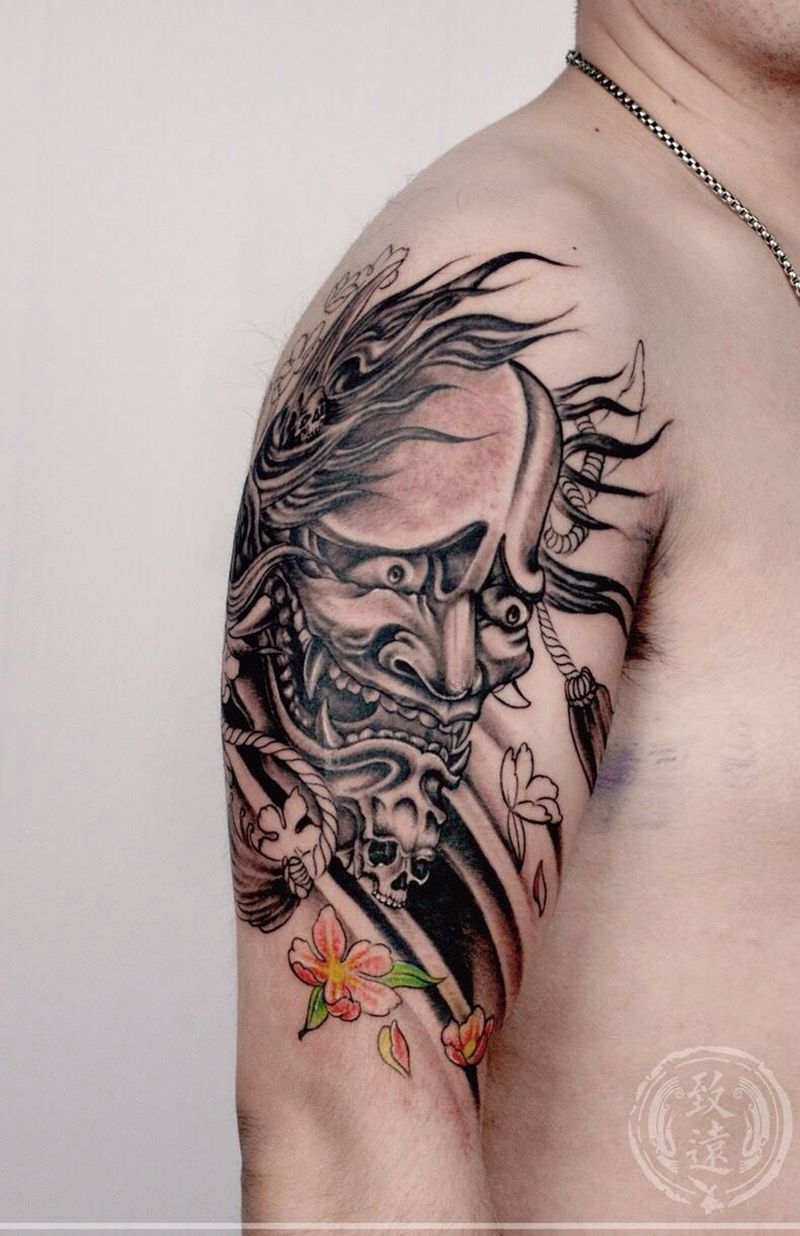 大臂般若纹身图片_成品原创鬼神传统手臂肩部纹身图案