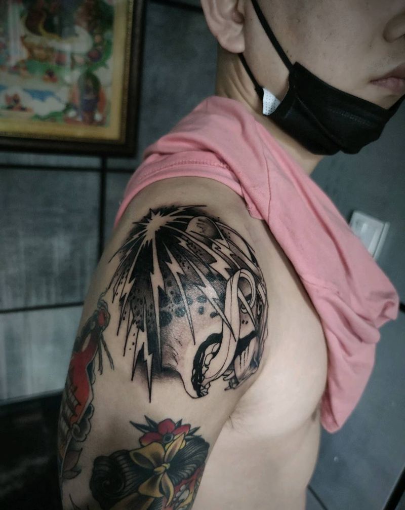 school闪电豹（未完）纹身图片_肩部New School豹纹身图案