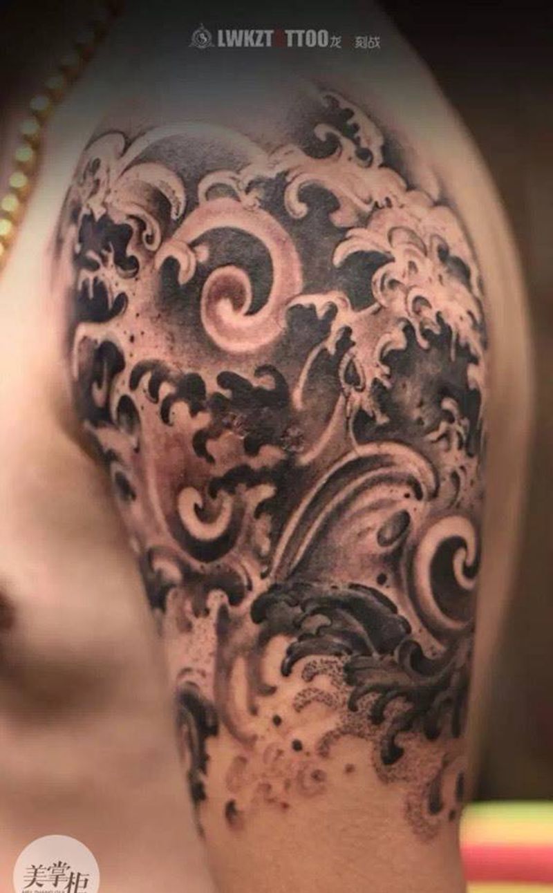 浪花/水墨纹身图片_国画原创手臂纹身图案