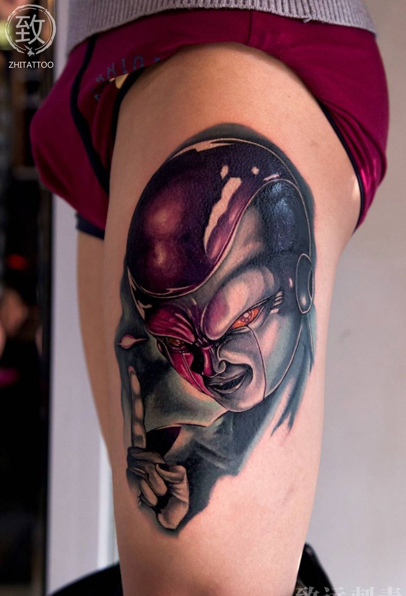 弗力萨纹身图片_成品腿部欧美清新写实国画肖像鬼神原创纹身图案