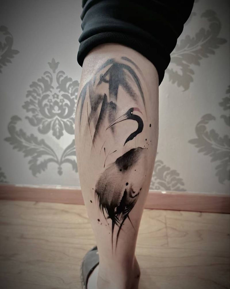 仙鹤纹身图片_腿部纹身图案