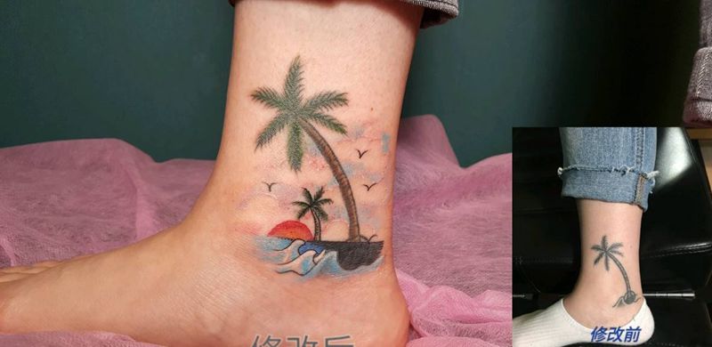 阳光·沙滩（修改遮盖作品）纹身图片_脚部清新植物原创成品纹身图案
