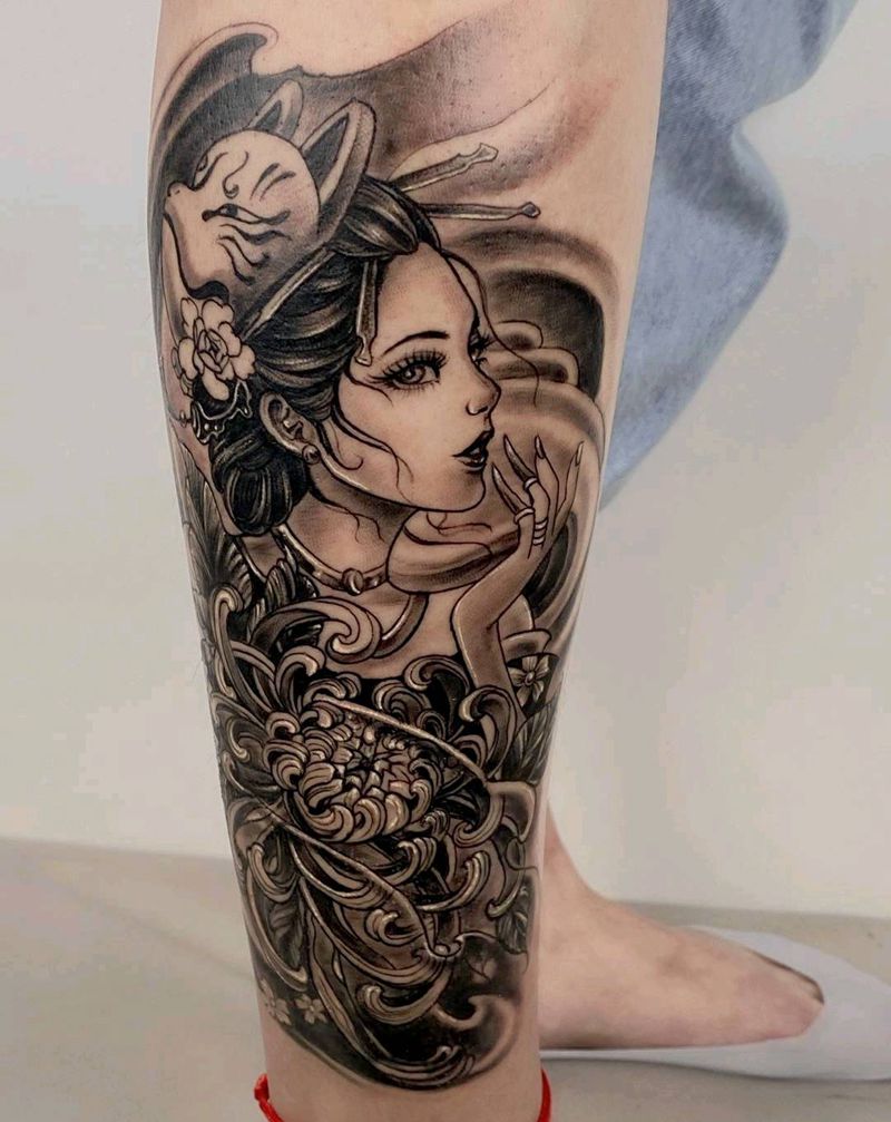 艺伎纹身图片_腿部纹身图案