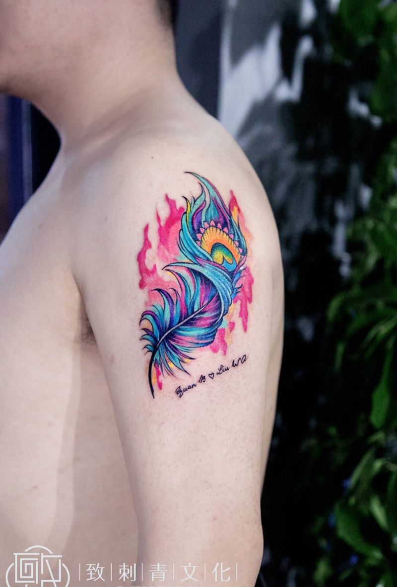 羽毛纹身图片_成品欧美清新字符静物原创纹身图案