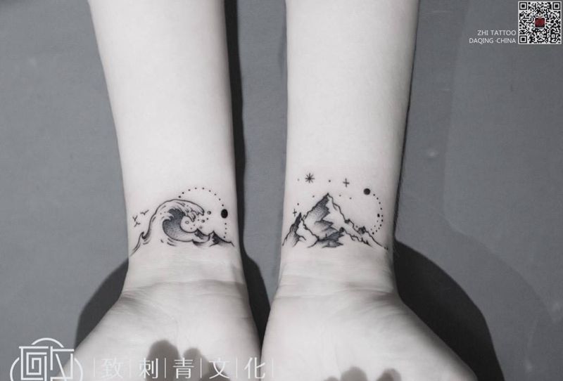 山与浪纹身图片_手部纹身图案