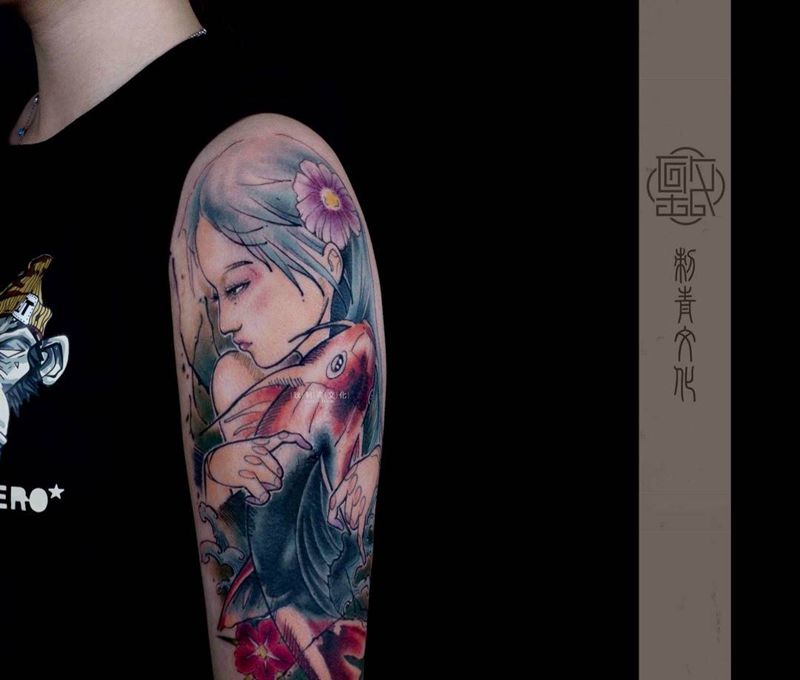 遮盖作品纹身图片_肩部手臂水彩水墨纹身图案