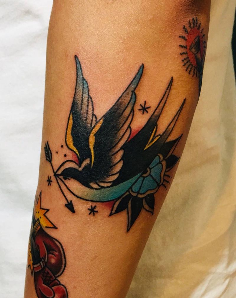 school燕子纹身图片_手臂Old School燕子鸟翅膀纹身图案