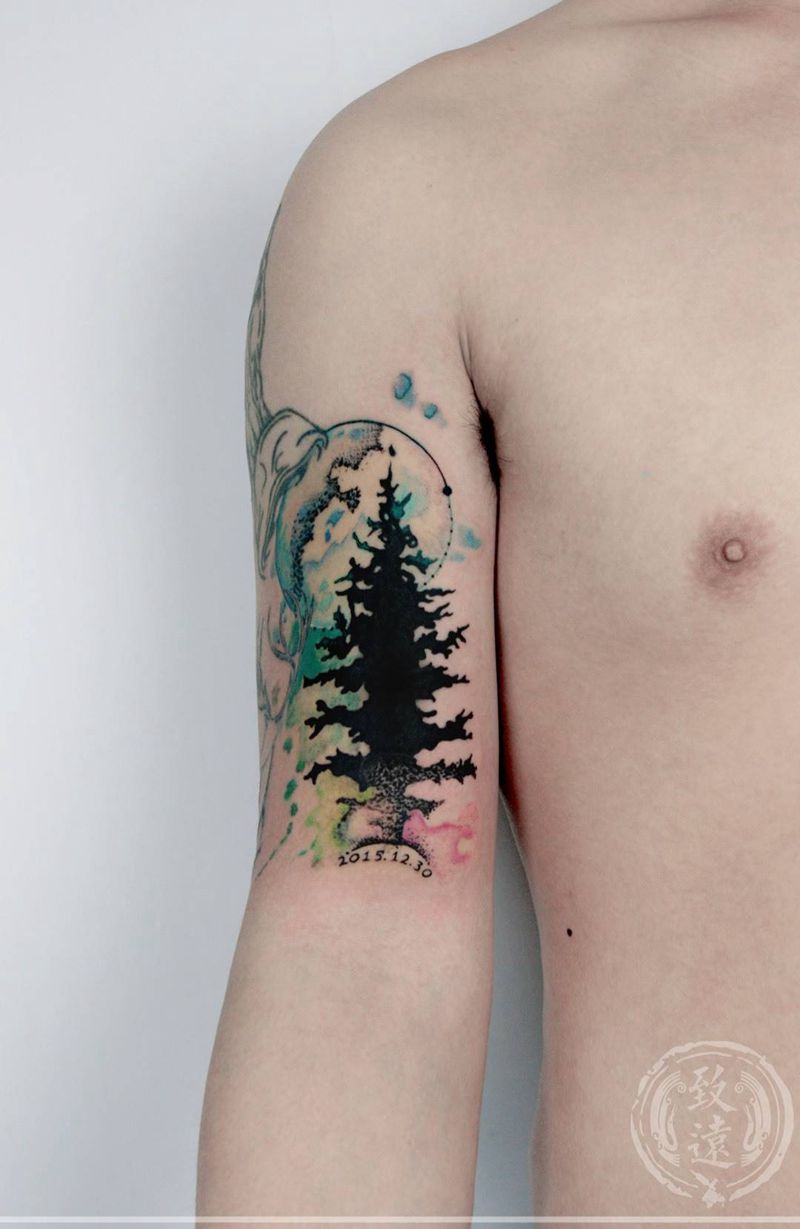 水墨树纹身图片_成品手臂清新图腾植物原创纹身图案