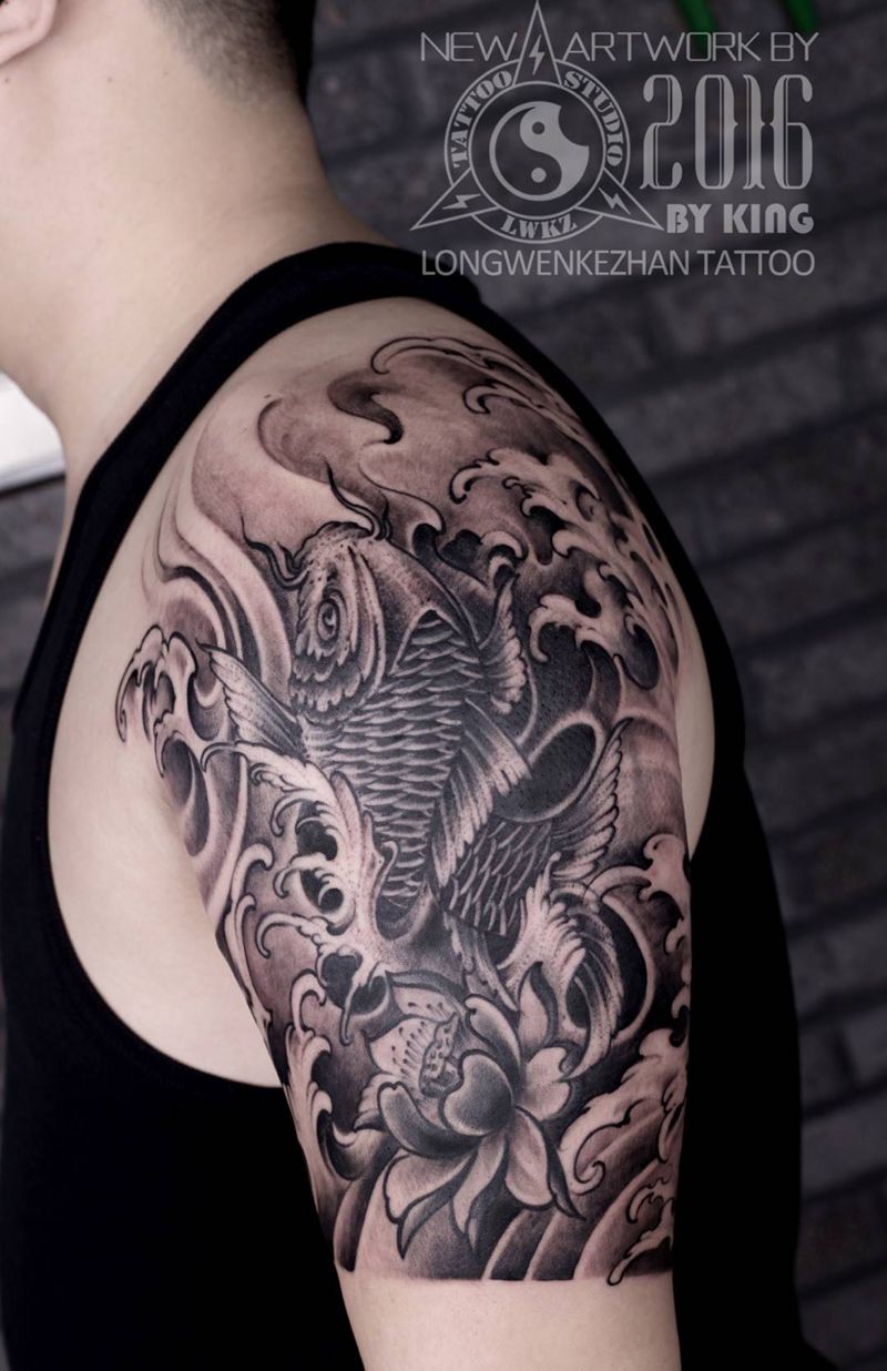 龙纹刻战刺青工作室出品纹身图片_成品肩部传统动物纹身图案