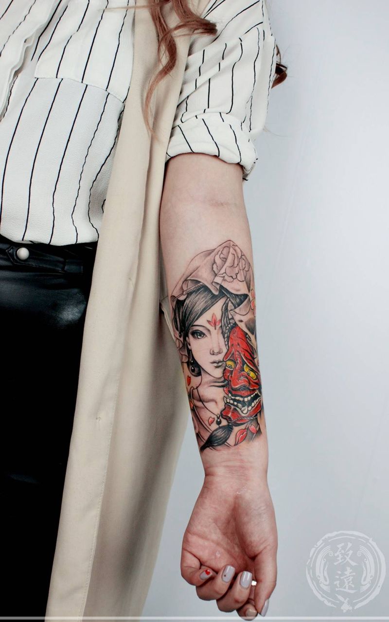 艺妓般若纹身图片_成品手臂清新传统原创人物鬼神纹身图案