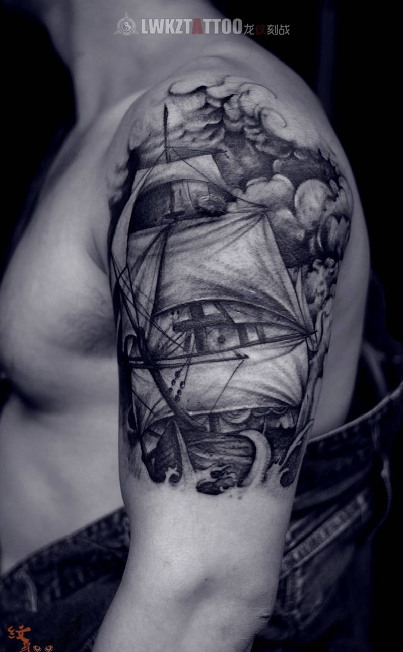 帆船纹身图片_成品手臂欧美原创纹身图案